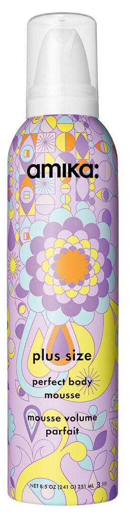 A tall spray can with a colorful floral design and the text 'amika plus size perfect body mousse' on it.