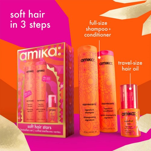 Illustrasjon av tre Amika hårprodukter: sjampo, balsam og hårolje, med fargerik emballasje og merke.
