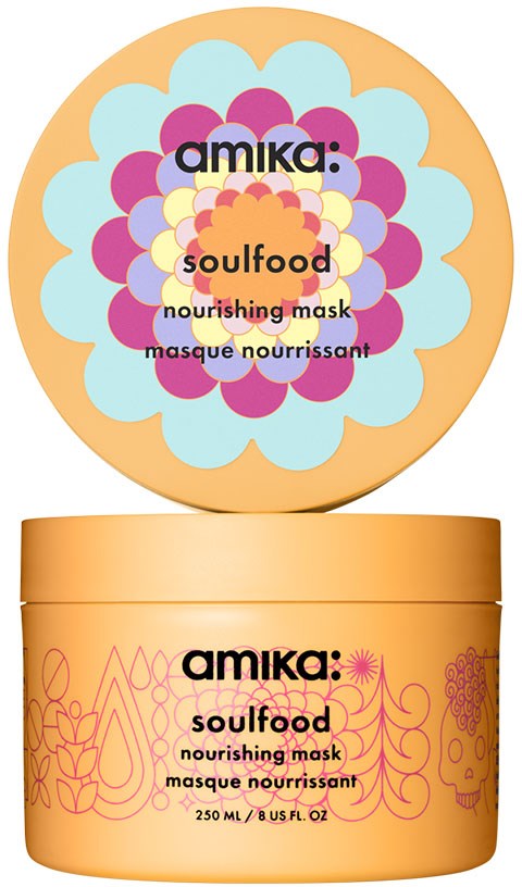 A round container of Amika Soulfood nourishing mask with a colorful floral design on the lid.