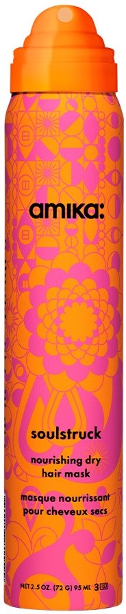 A bright orange and pink bottle with a floral pattern and the words Amika Soulstruck nourishing dry hair mask.