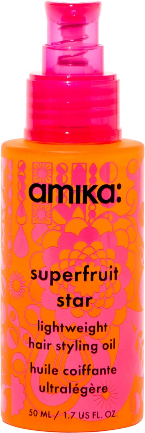 A bright orange bottle of Amika superfruit star lightweight hair styling oil with pink pump and colorful design.