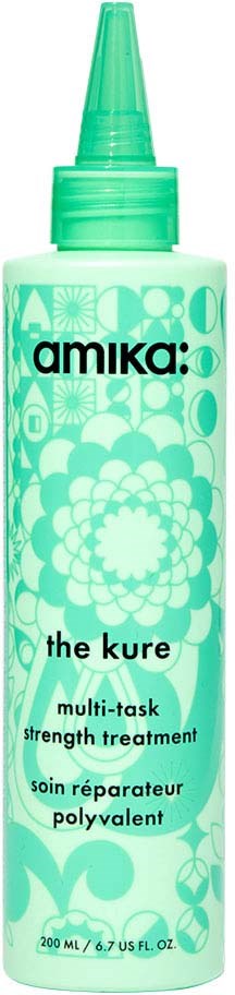 A bottle of Amika's multi-task strength treatment with a green cap and decorative floral design on the label.
