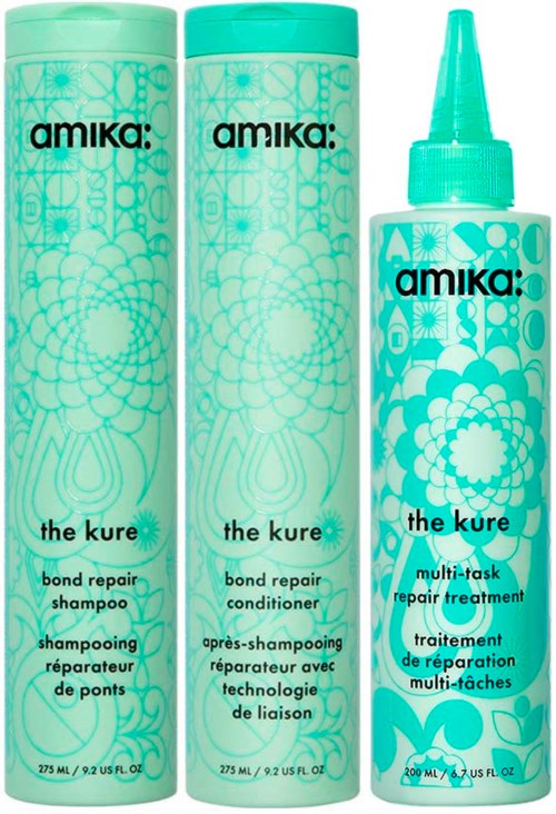 Three turquoise bottles and one spray bottle with floral and geometric designs, labeled for hair repair and conditioning.
