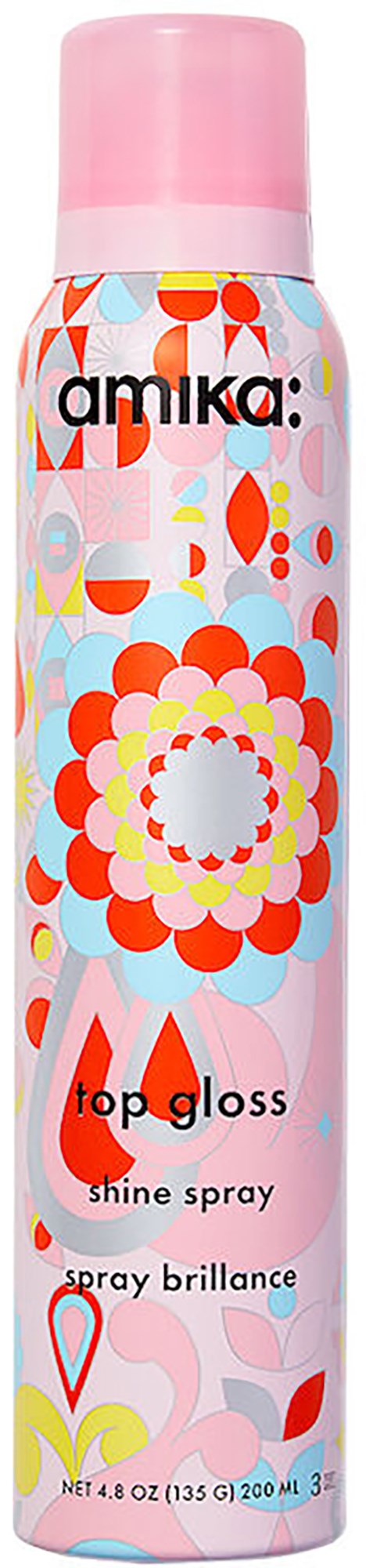 Roze spuitbus met kleurrijke bloem- en abstracte patronen, gelabeld 'amika: top gloss shine spray.'