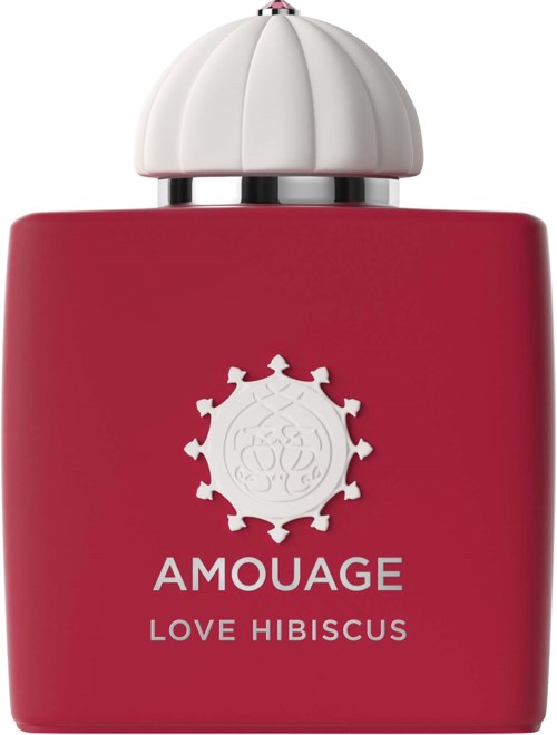 Red perfume bottle with a white cap and a floral emblem, labeled Amouage Love Hibiscus.