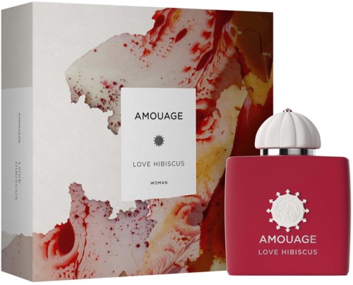 A perfume bottle and box with vibrant red and white colors, and floral design, labeled Love Hibiscus by Amouage.