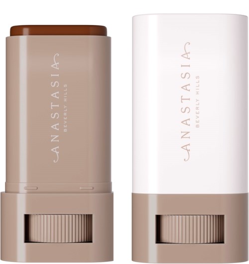 Zwei beige Behälter mit braunen Deckeln und Schiebereglern, beschriftet 'Anastasia Beverly Hills.'