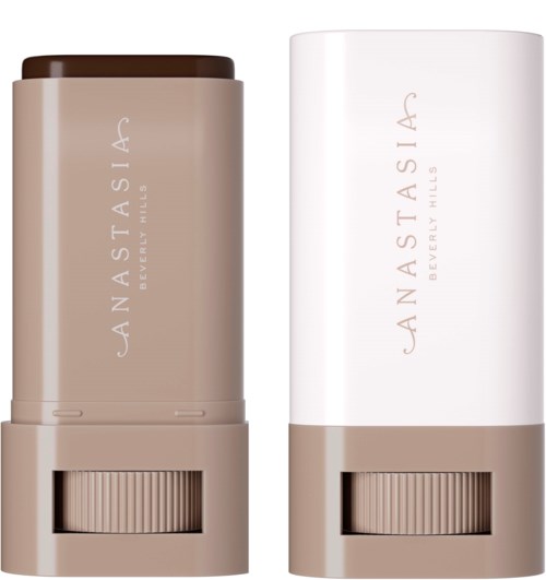 Zwei zylindrische Behälter in Beige und Weiß mit Anastasia Beverly Hills-Logo auf der Oberfläche.