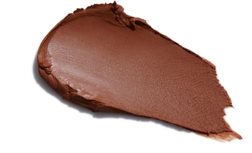 Ein Klecks brauner Make-up- oder Lipgloss auf weißem Hintergrund mit Schatten. Keine anderen Objekte sichtbar.