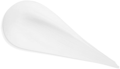 A white, elongated object with a rounded end and a tapering point, resembling a spoon or a spatula.