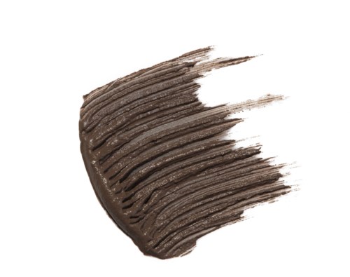 Ein Fleck aus dunkelbrauner oder schwarzer Schminke oder Farbe mit sichtbaren Pinselstrichen auf weißem Hintergrund.