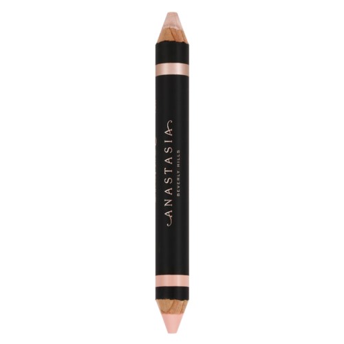 Een dubbelpunt make-uppotlood met zwarte body, roze en zwarte uiteinden, en merknaam "Anastasia Beverly Hills".