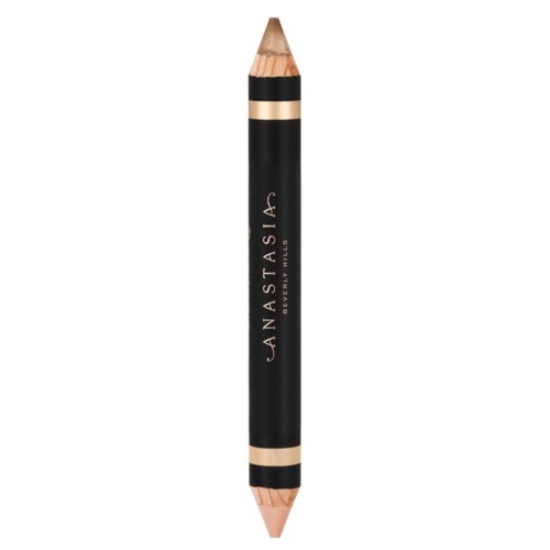 En svart dubbeländad sminkpenna med guldband, märkt "Anastasia Beverly Hills," med varumärkesnamnet.