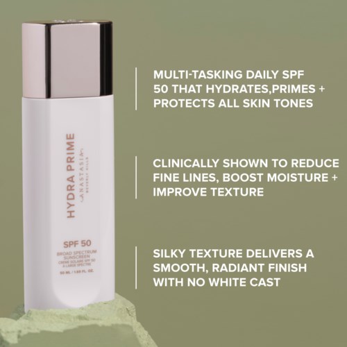 A skincare product bottle with SPF 50, described as hydrating, protecting skin tones, reducing lines, and giving a smooth finish.