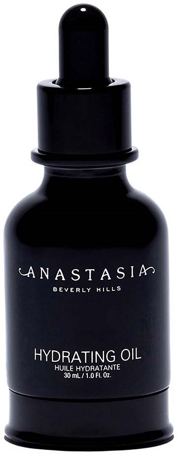 Een zwart flesje met druppelaar, gelabeld 'Anastasia Beverly Hills Hydrating Oil,' 30 ml, voor hydratatie van de huid.