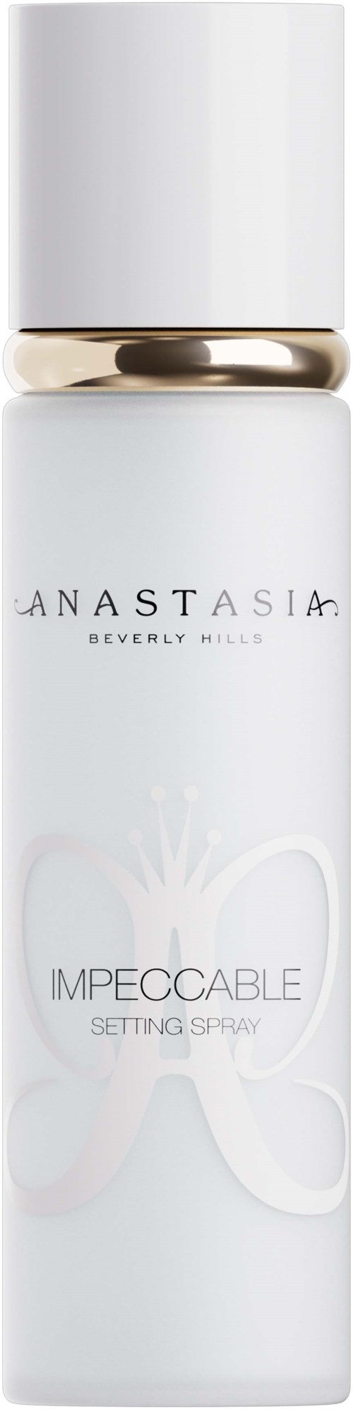 Eine weiße Sprayflasche mit goldener Verzierung, beschriftet Anastasia Beverly Hills Impacable setting spray.