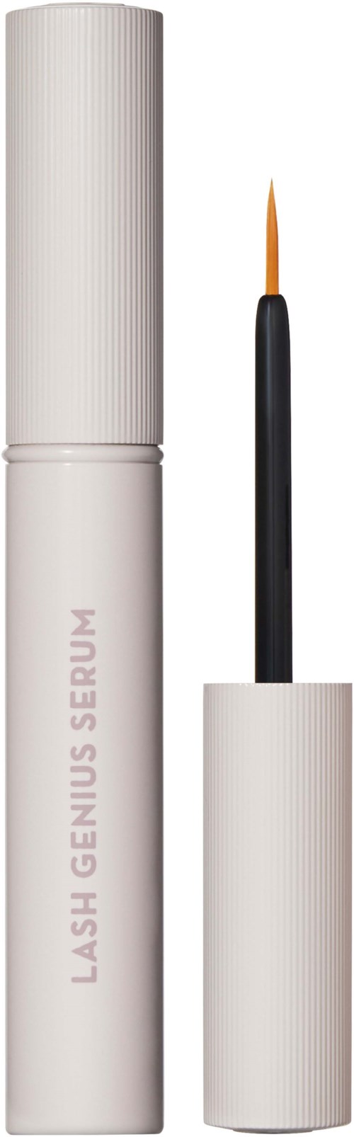 Een witte tube met wimperserum en penseelapplicator, gemarkeerd "LASH GENIUS SERUM."