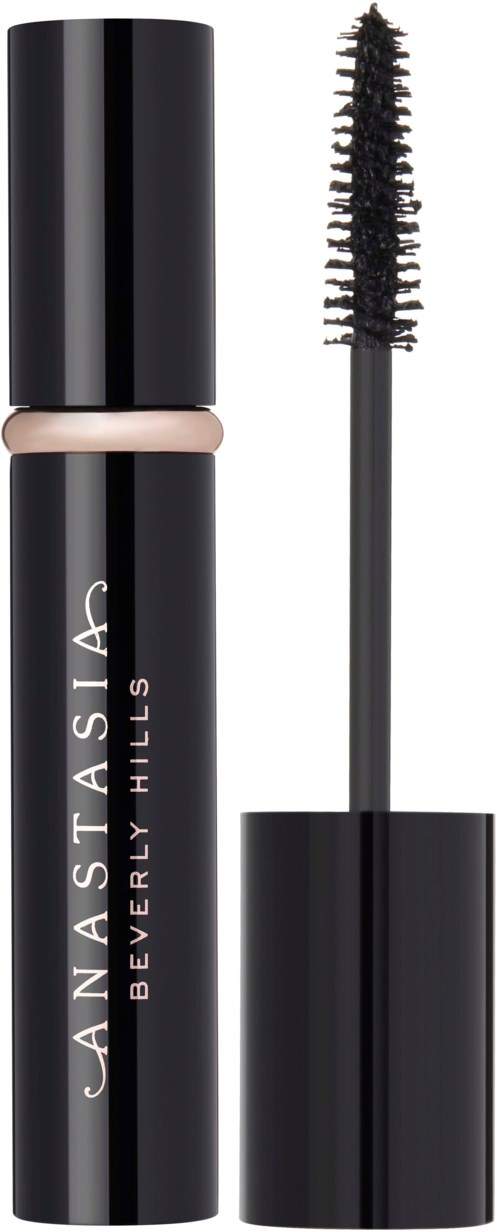 Zwart mascara-tube met een kwast die zichtbaar is, met label 'Anastasia Beverly Hills'.