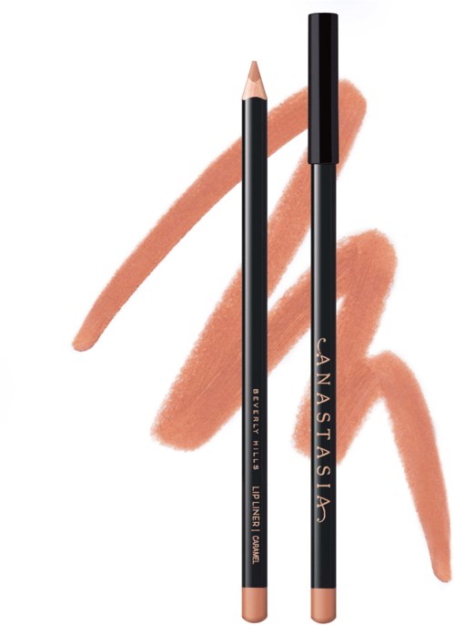 A beige pencil paired with a black lip liner, both set against a background with beige brush strokes.