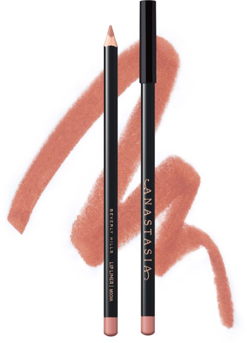 A lip liner pencil and lip gloss pencil with black bodies and pink tips, with a beige-brown lipstick smudge in the background.