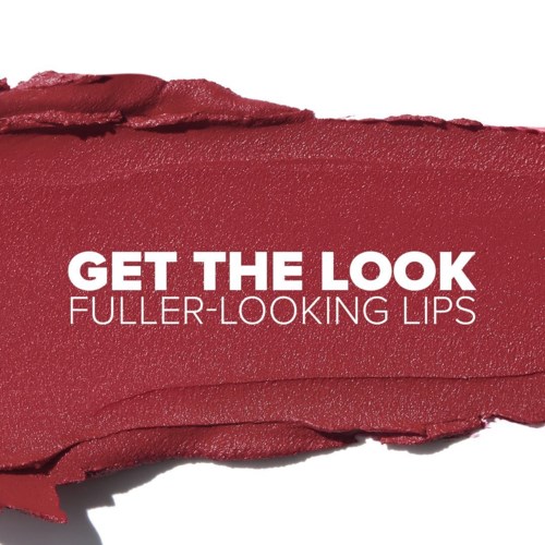 Text promoting fuller-looking lips with a red lipstick smear background.