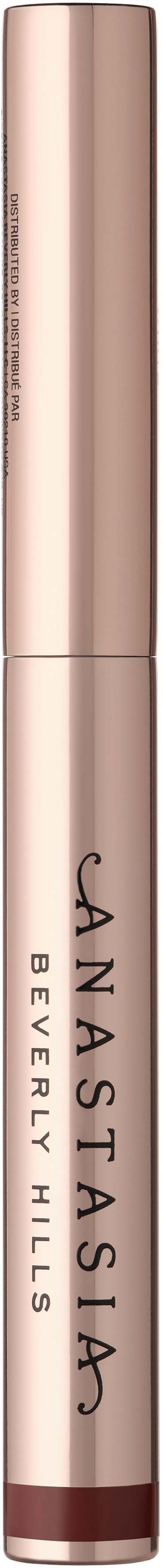 Ein beiger Lippenstift mit schwarzem und goldenem Text, gekennzeichnet mit Beverly Hills, Anastasia und einem Lippenstift-Icon.