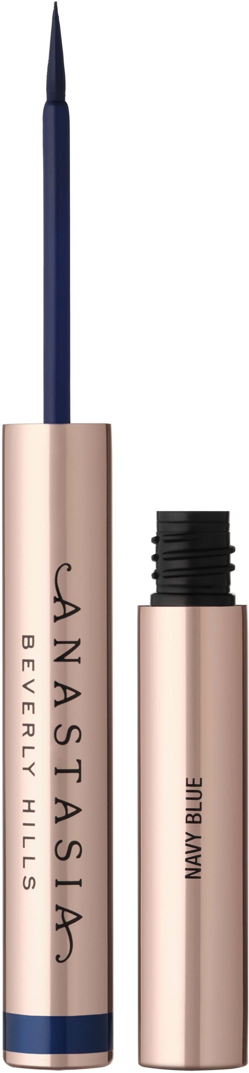 Ein makeup-Produkt in Stiftform mit Pinsel oben und Deckel, beschriftet 'Anastasia Beverly Hills' und 'Mayan Blue.'