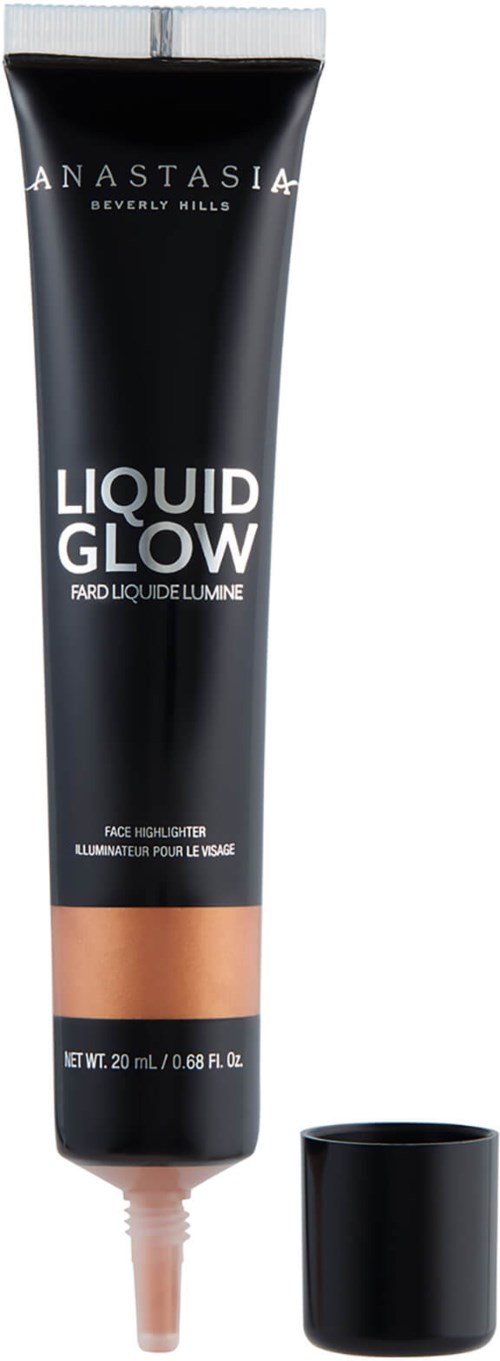 En svart tube med beige bunn, merket 'Anastasia Beverly Hills Liquid Glow' for ansikts highlighting, med lokk i nærheten.