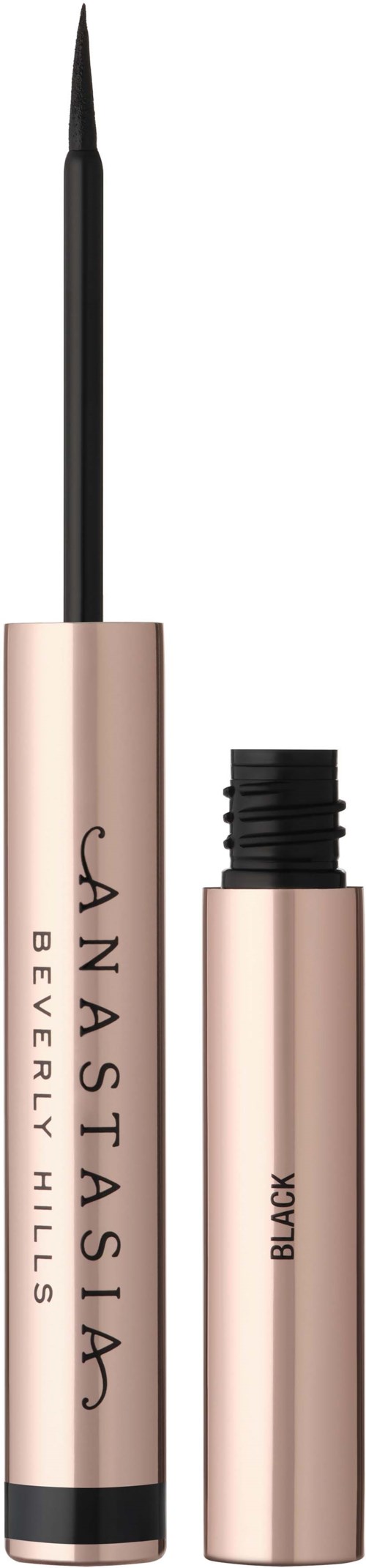 Een pen met een dunne kwastpunt en een roségouden lichaam, met 'Anastasia Beverly Hills' en 'Black' op de dop.