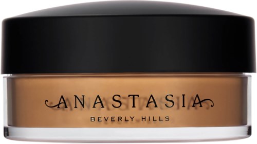 Eine Dose mit Anastasia Beverly Hills Foundation, schwarzer Deckel, hellbraune Flüssigkeit.