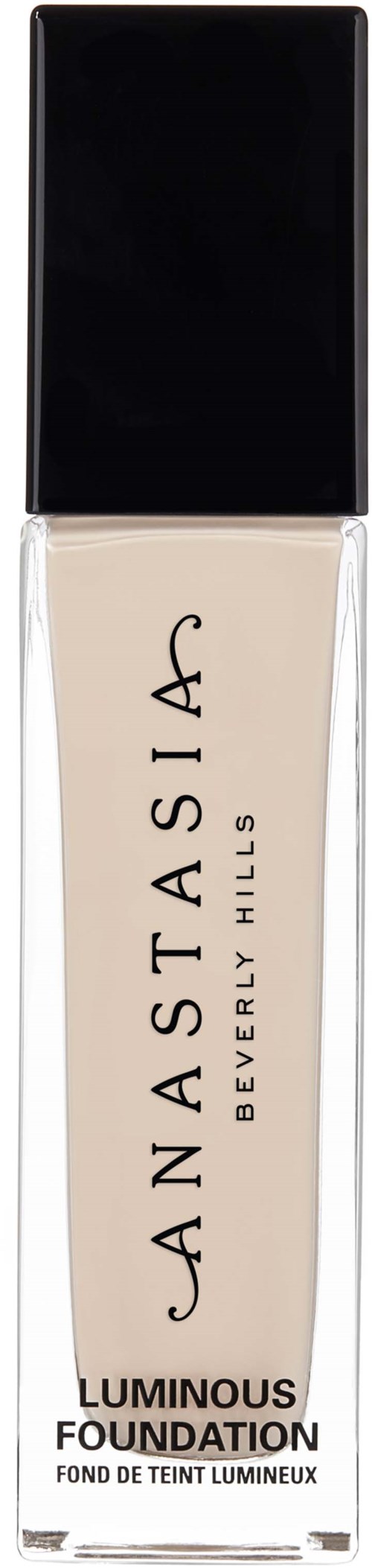 Meikkituotteen pullo, jossa on musta korkki ja beigen väristä nestettä, nimeltään Anastasia Beverly Hills Luminous Foundation.