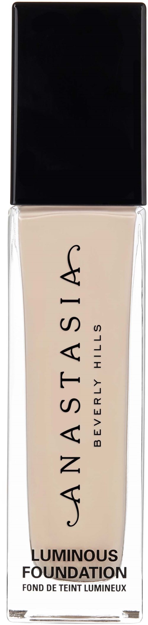 Anastasia Beverly Hills Luminous Foundation -pullo, jossa musta korkki ja beige neste.