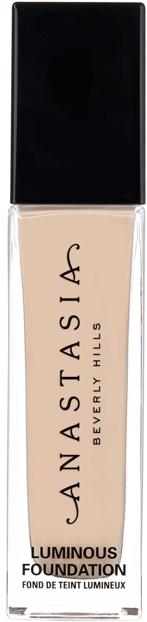 Een beige foundationfles met een zwart deksel en een duidelijke label die zegt Anastasia Beverly Hills Luminous Foundation.