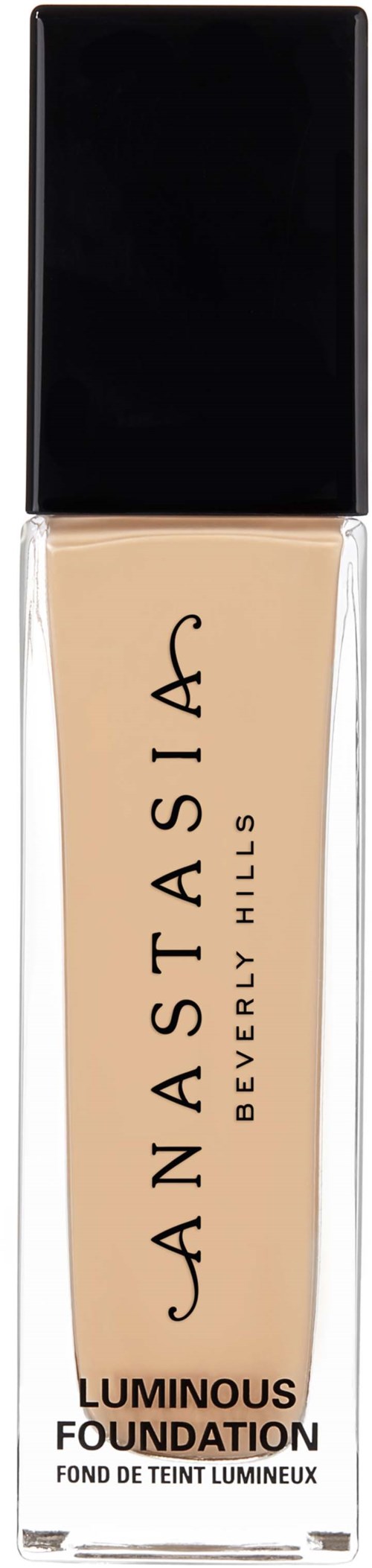 Anastasia Beverly Hills luminous foundation -pullo, jossa musta kansi ja beige väri.