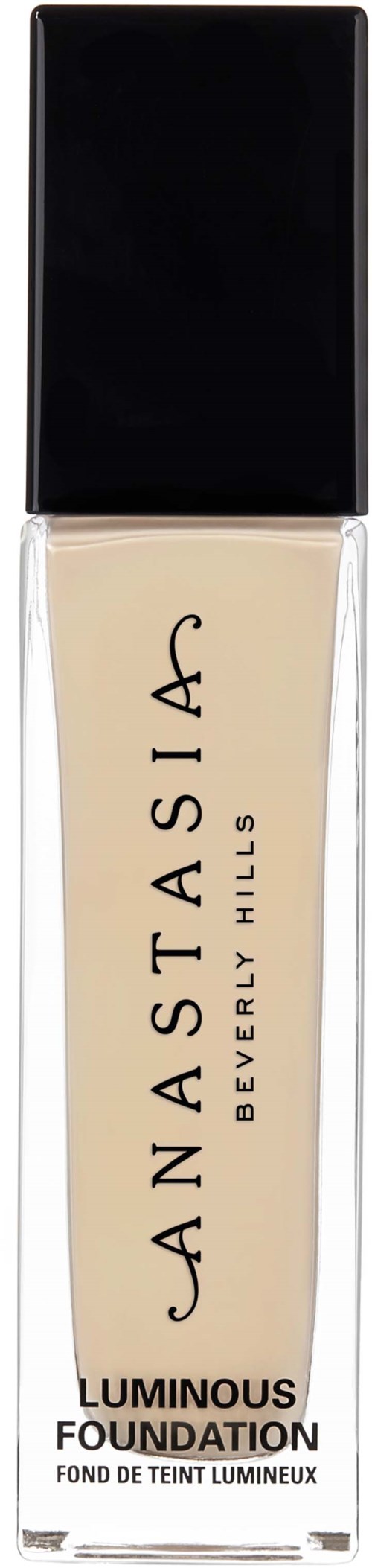 Lasipullo, jossa on Anastasia Beverly Hills Luminous Foundation ja musta kansi. Teksti on kirjoitettu pystysuoraan.