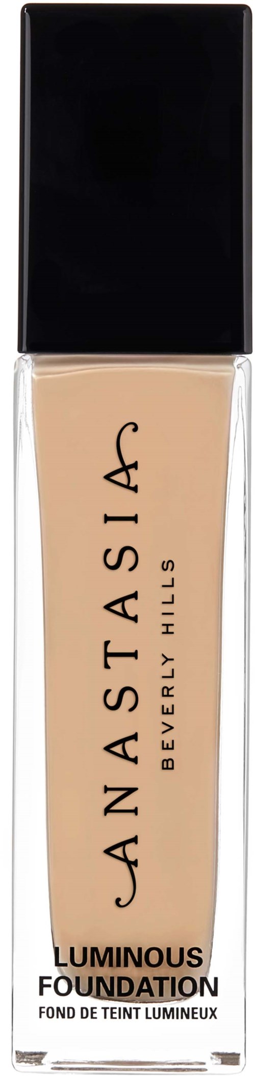 Eine beige Foundation-Flasche mit schwarzem Deckel und der Aufschrift 'Anastasia Beverly Hills Luminous Foundation'.