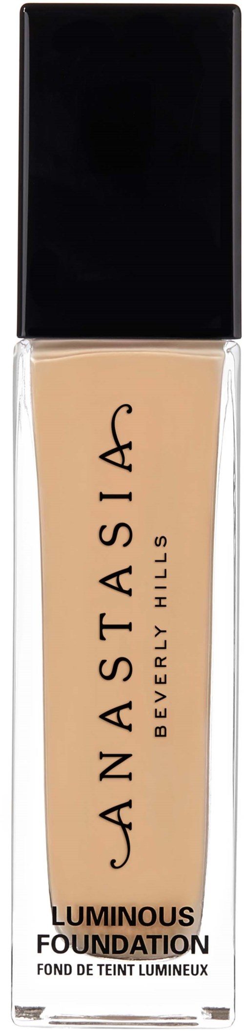Eine Foundationsflasche mit schwarzem Deckel, beige Flüssigkeit, zeigt die Marke Anastasia Beverly Hills.