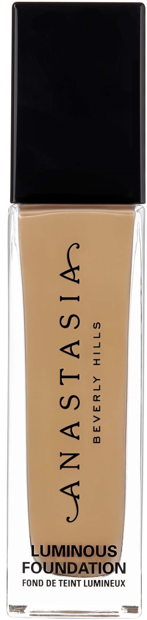 Nestemäinen meikkivoidepullo, jossa musta kansi ja vaaleanbeigeä neste, nimeltä Anastasia Beverly Hills Luminous Foundation.