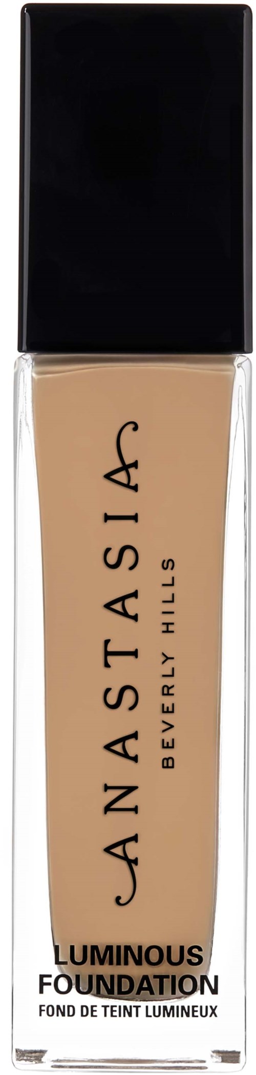 Eine Flasche Anastasia Beverly Hills Luminous Foundation mit schwarzem Deckel und beiger Flüssigkeit.