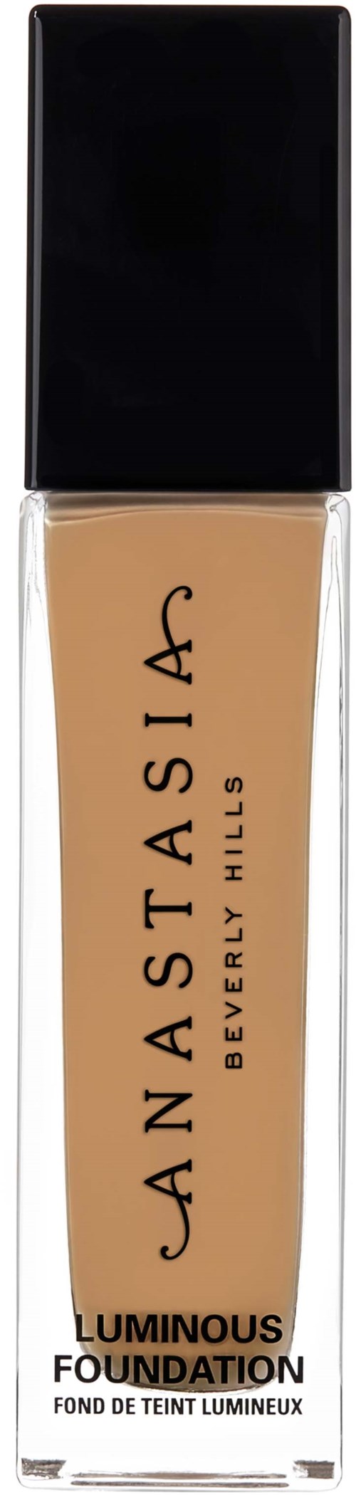 Anastasia Beverly Hillsin hehkuva perusvoidepullo, jossa vaaleanbeige neste ja musta korkki.