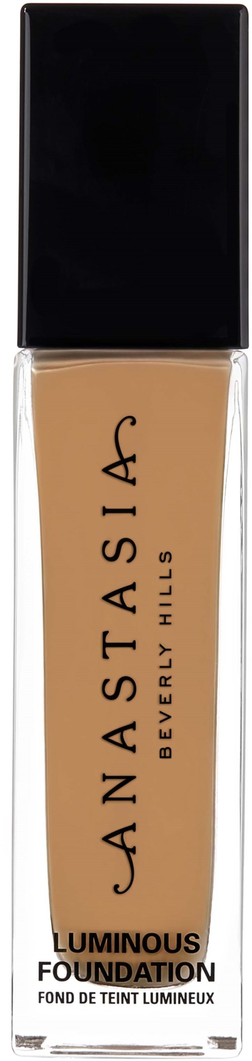 Pullo meikkivoidetta, musta kansi ja vaalea neste, etiketti Anastasia Beverly Hills Luminous Foundation.