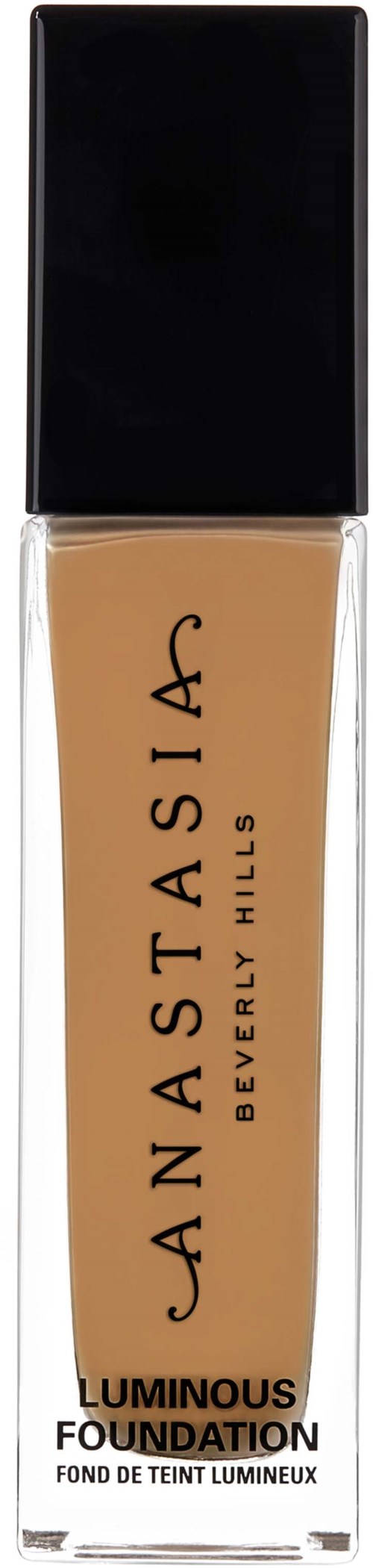 En foundationflaska med svart lock och beige vätska inuti, märkt Anastasia Beverly Hills Luminous Foundation.