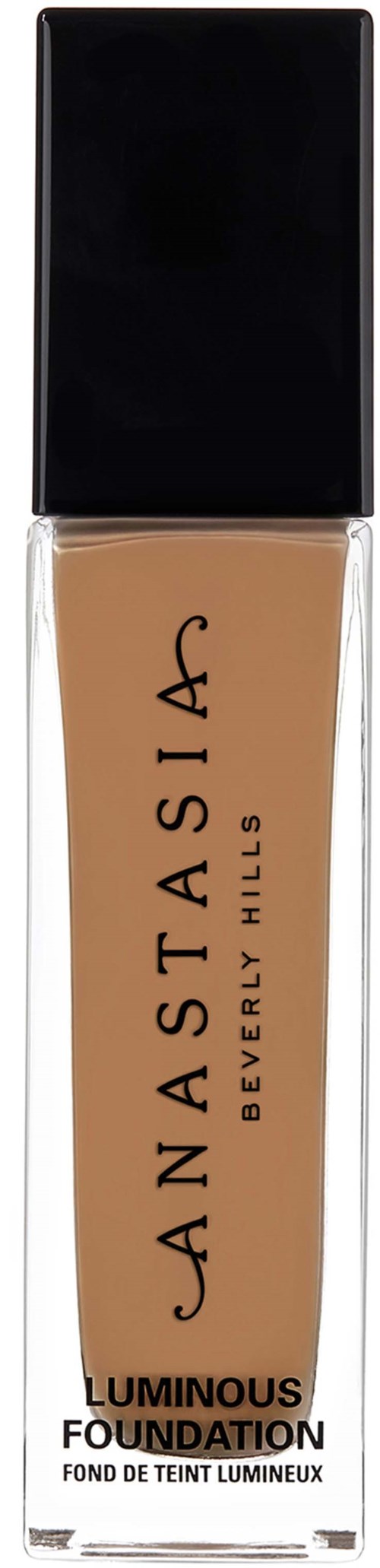 Anastasian Beverly Hillsin kirkas meikkivoidepullo, jossa on beige nestettä ja musta kansi.