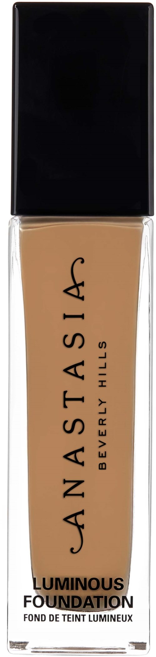 Anastasia Beverly Hillsin hehkuva meikkivoidepullo, jossa musta kansi ja beige pohja.
