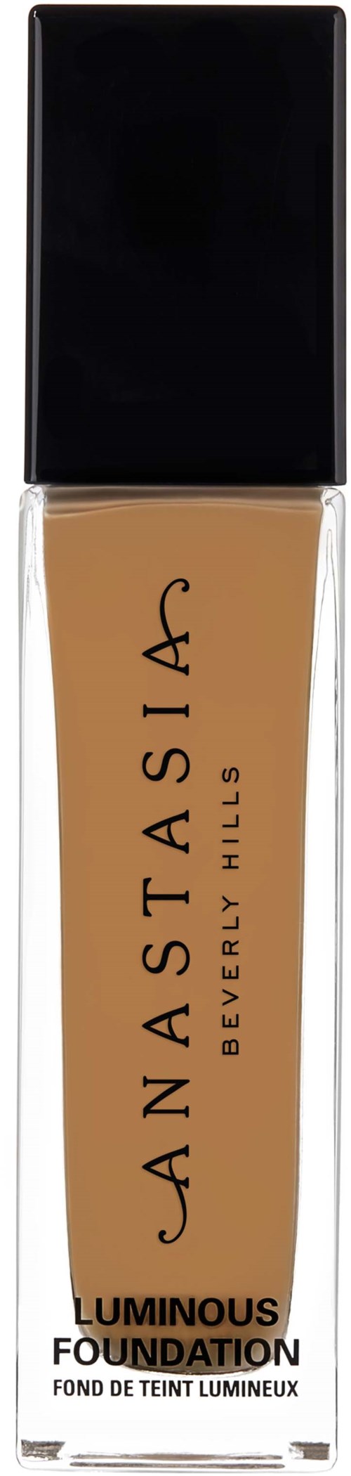 En flaska av foundationmakeup från Anastasia Beverly Hills, märkt Luminous Foundation, med svart lock och beige vätska inuti.