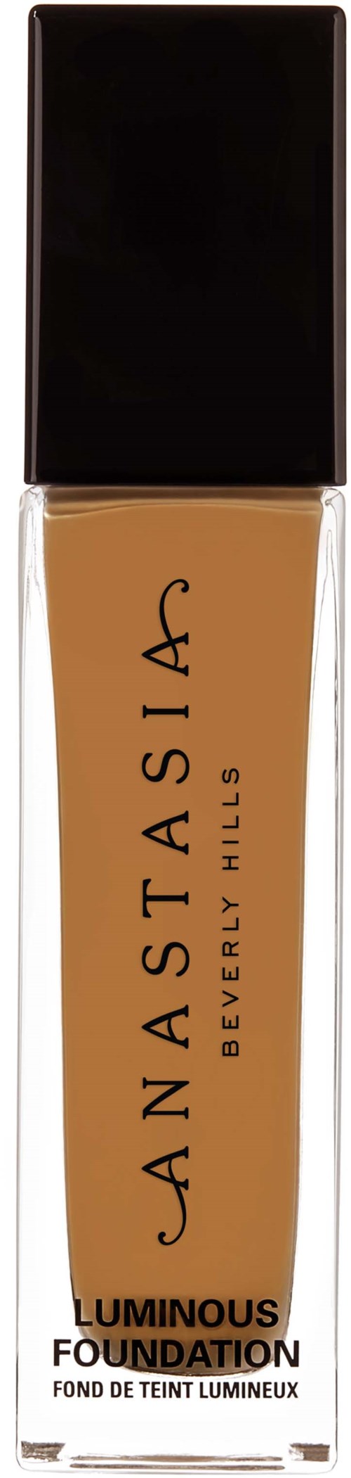 Sävyltään vaalea meikkivoidepullon, jossa musta korkki ja beige sisältö, brändätty Anastasia Beverly Hills.