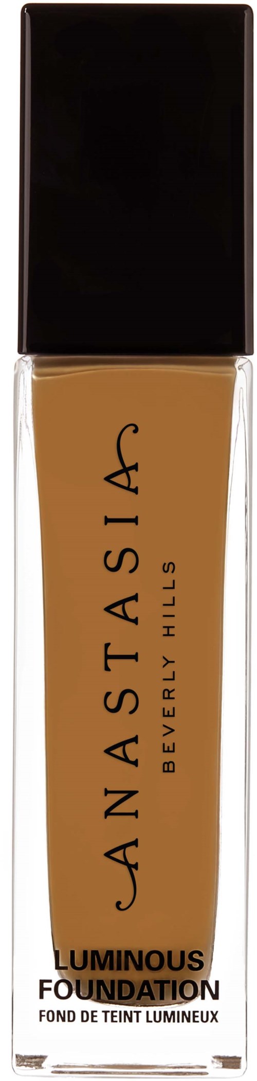A bottle of foundation with a black cap and beige liquid, labeled Anastasia Beverly Hills Luminous Foundation.