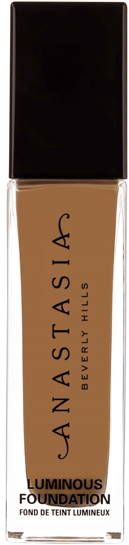 Anastasia Beverly Hills Luminous Foundation -pullo. Pituus, musta kansi ja beige etiketti.