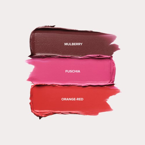 Three lipstick shades: brown, bright pink, and red, labeled from top to bottom.