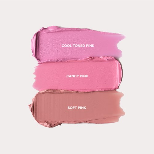 Drei pinke Lippenstift-Nuancen gekennzeichnet: Cool-Toned Pink, Candy Pink und Soft Pink, von oben nach unten.